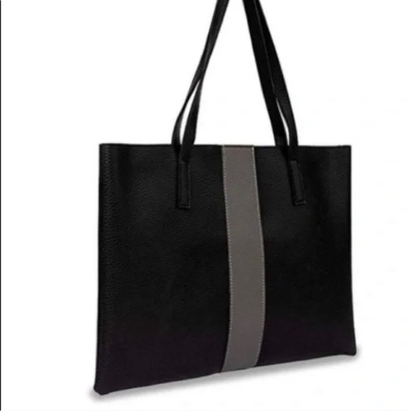 Vince Camuto Black Leather Luck Tote Bag Gray Stripe - Picture 2 of 10